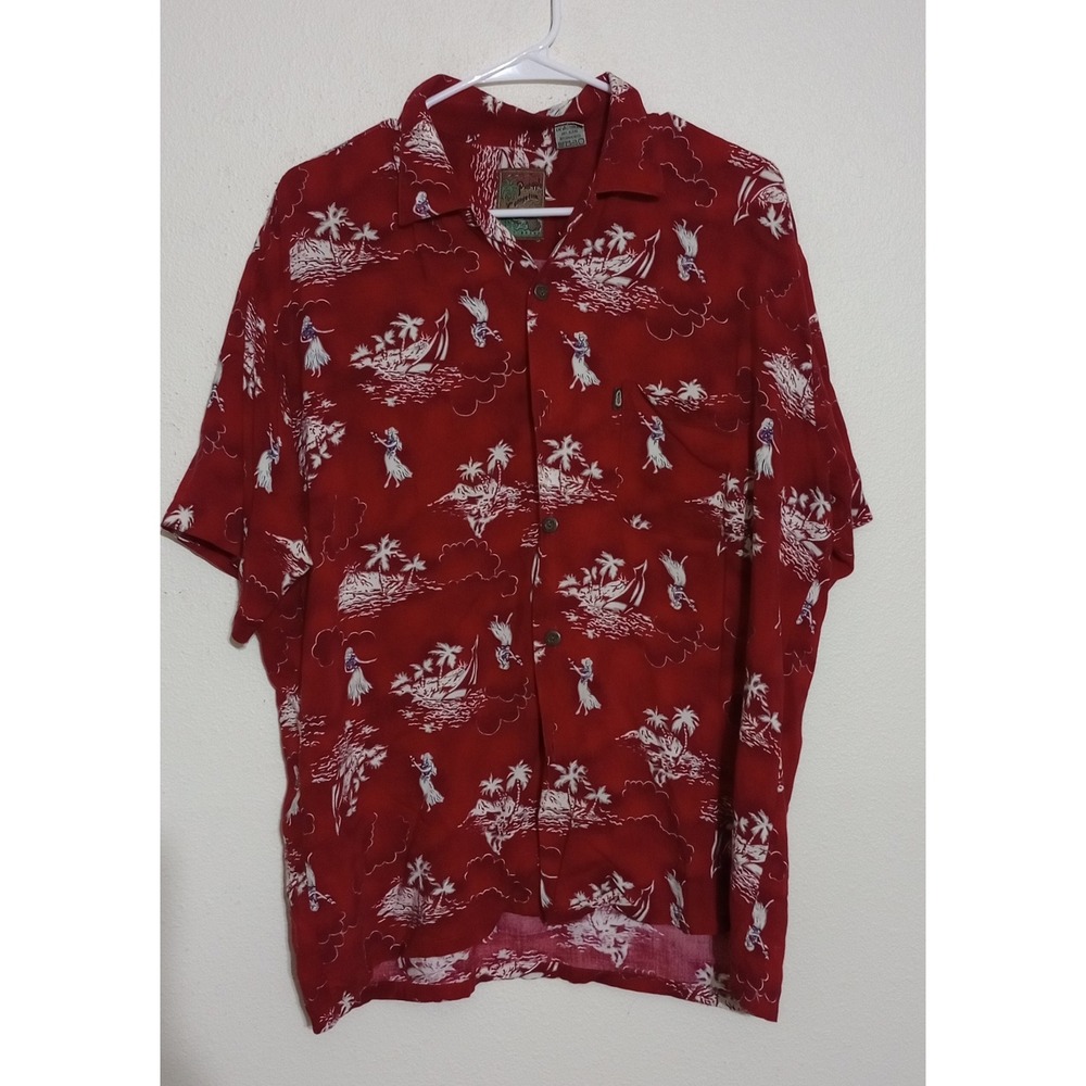 Pineapple Connection Mens Red Hula Dancer Palm Tree Hawaiian Shirt Medium READ